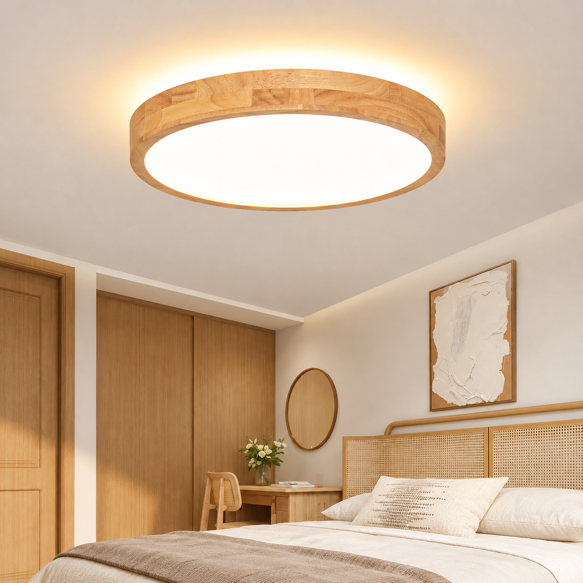 Solid Wood LED Ceiling Lamp — 40cm, White Light
