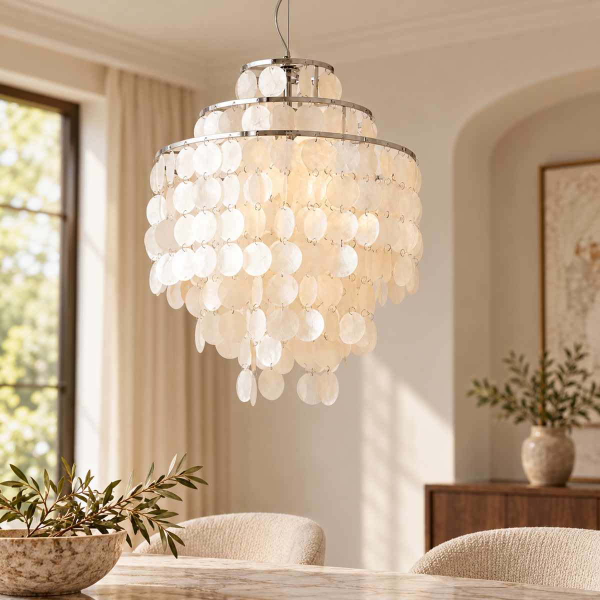 Natural Shell Pendant Light — Chrome, 3-Tier, 110V
