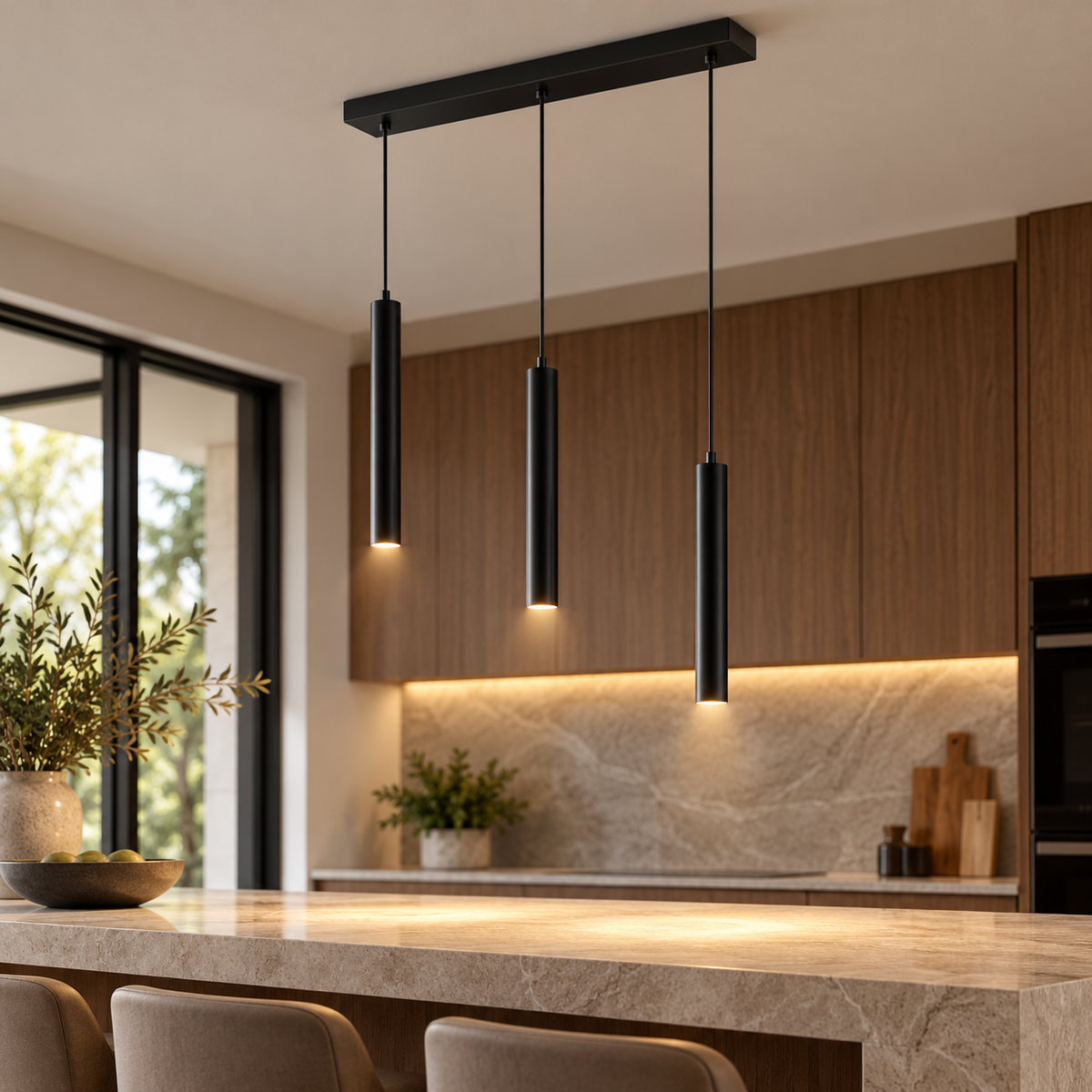 Black Three-Light LED Pendant — Warm Light